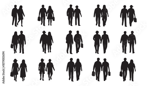 a collection of black silhouettes depicting various pairs and groups of people walking in different directions suggesting movement and urban life