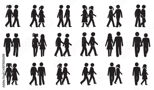 a collection of black silhouettes depicting couples walking together showcasing diverse relationships and human connection in a minimalist style high quality