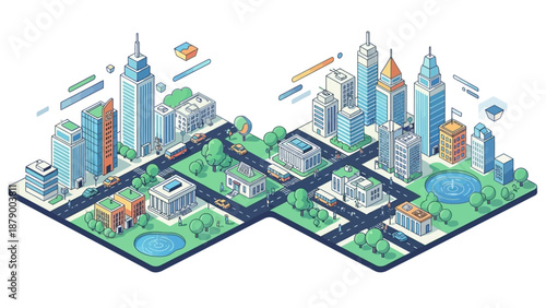 Isometric smart city illustration featuring modern buildings, digital connections, green zones, and advanced infrastructure integrated into a futuristic urban layout. This visual represents smart city