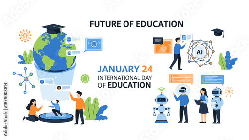 Illustration of people engaging in happy education with digital elements and a globe wearing a graduation cap on International Day of Education.