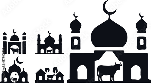Eid Mosque and Qurbani Silhouette Set with Islamic Architecture