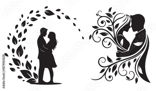 a striking black and white illustration depicts a couple embracing beneath a blossoming floral arch highlighting romance and connection high quality