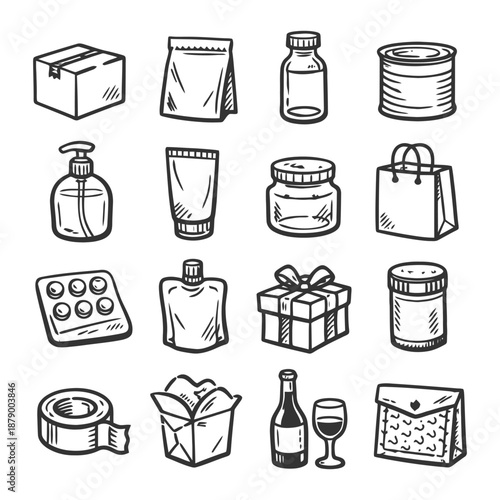 Hand-drawn collection of various product packaging and containers.