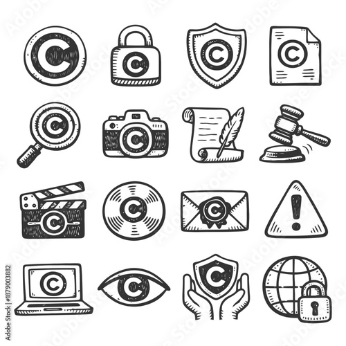 Copyright symbols and icons collection in hand-drawn style.