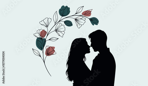 a delicate illustration depicts a couple in a tender moment alongside stylized floral elements creating a romantic and artistic scene