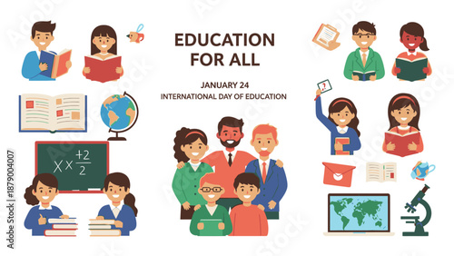 Illustration of diverse people engaged in happy education activities with books, globe, and microscope on a clean white background.