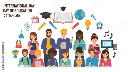 Diverse group of happy students and teachers celebrating International Day of Education with educational icons and symbols around them in a colorful and joyful illustration.