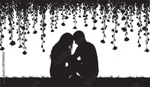 A striking silhouette of a couple embracing intimately framed by a hanging canopy of delicate white flowers in the darkness