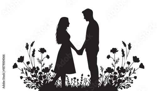 a silhouetted depiction of a couple holding hands amidst a field of wildflowers showcasing a tender and romantic moment in nature