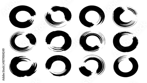 Collection of twelve hand-painted black ink brush stroke circles in a zen enso style, arranged in three rows on a white background, representing balance and imperfection.