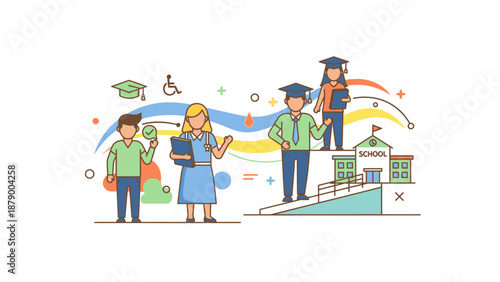 Illustration of happy students in education, with a graduate and a teacher standing together, surrounded by colorful academic icons and a school building in the background with a joyful
