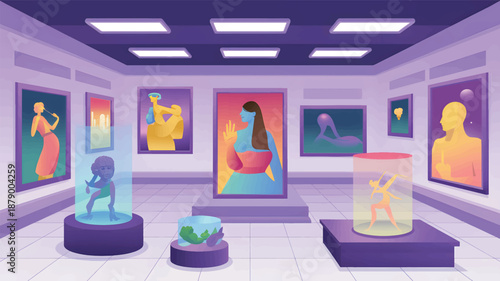 Futuristic Gallery with Colorful Paintings and Sculptures abstract modern purple walls