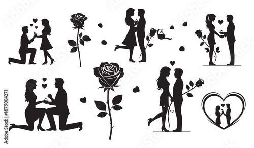 A collection of romantic silhouettes depicts couples in love featuring proposals embraces and floral elements like roses and hearts high quality