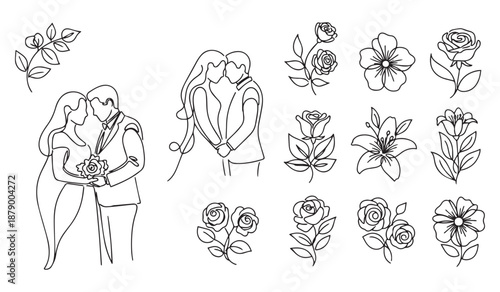 a delicate black and white line art illustration depicts a couple embracing amidst floral arrangements and botanical elements creating a romantic atmosphere
