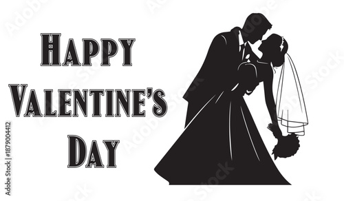 a black and white silhouette depicts a newlywed couple embracing with the words happy valentine s day above them promoting romance