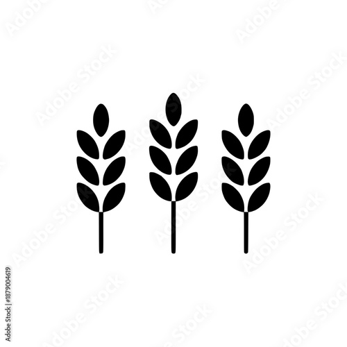 Minimalist flat design black and white icon set of three stylized wheat stalks with detailed leaves, representing agriculture and harvest