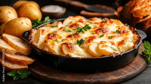 A scrumptious baked potato gratin topped with melted cheese, herbs, and cream, beautifully presented in a black skillet on a rustic wooden surface.