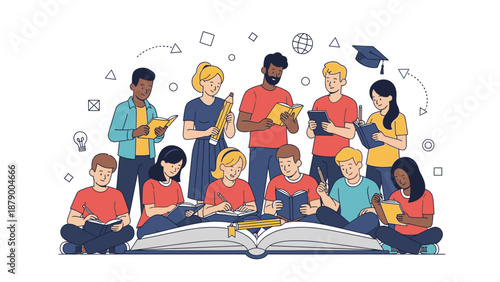 Illustration of diverse students sitting and standing around an open book with educational icons floating around them in a colorful and lively scene representing happy education.