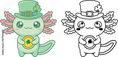 Cute kawaii axolotl character wearing St Patricks Day hat holding lucky gold coin with clover vector illustration