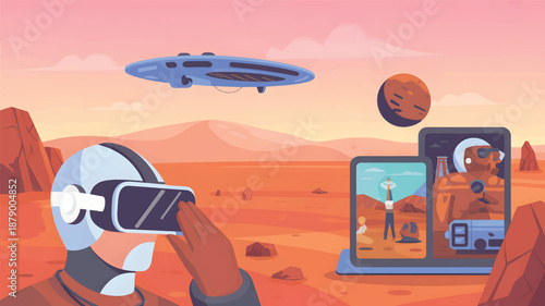 Astronaut with a VR headset on Mars, landscape with a flying saucer and digital screens, VR headset