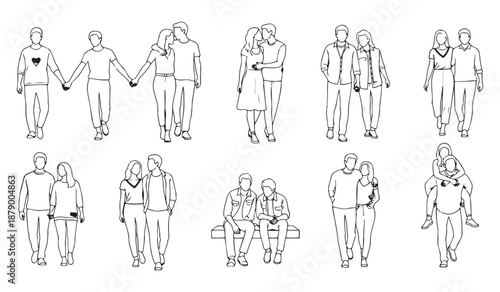 a collection of simplistic line drawings depicts various couples interacting affectionately walking hand in hand or embracing showcasing human connection