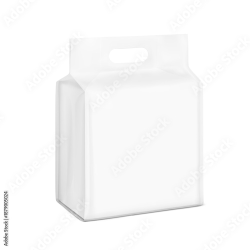 Stand bag with handle mockup. Vector illustration isolated on white background. Front and side view. Suite for the presentation of diaper, wet wipes, foods, household, etc. EPS10.