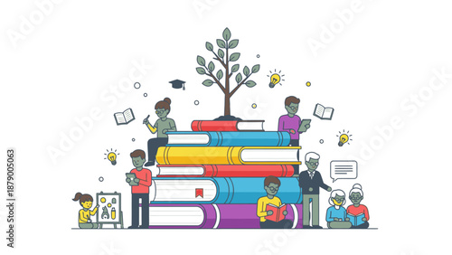 Illustration of diverse children and adults surrounded by books, educational icons, and a tree, conveying happy education in a colorful and lively setting.