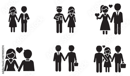 a collection of simple black silhouette icons depicting various romantic couples and relationships showing affection and togetherness in diverse poses