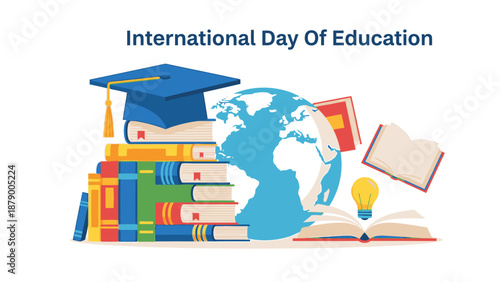 Flat lay of educational items including books, globe, graduation cap, and light bulb on a white background, symbolizing happy education.