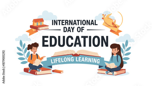 Illustration of two students engaged in happy education with books and a laptop on International Day of Education, promoting lifelong learning.