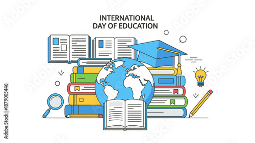 Illustration of a globe surrounded by books, a graduation cap, and educational icons, symbolizing Happy Education on International Day of Education.