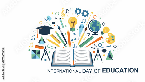 Vibrant illustration celebrating International Day of Education with colorful icons and symbols around an open book on a clean white background.
