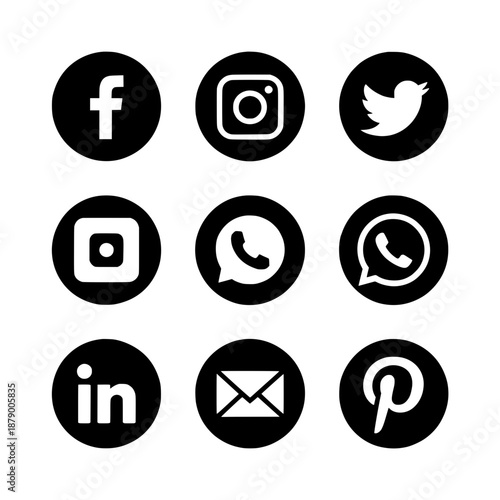 Set of nine black circular icons featuring popular social media and communication logos like Facebook, Instagram, Twitter, WhatsApp, LinkedIn, and email.
