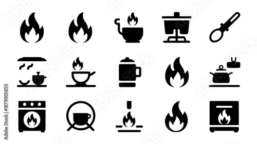 Collection of cooking and heating icons: flames, pots on stove, oven, fireplace, kettle, and spoon. Flat black vector graphics.