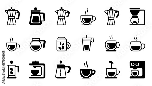 Diverse collection of 28 flat design coffee and tea icons, including makers, pots, cups with steam, and beans, for cafe or beverage graphics.