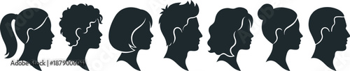 Black Silhouette Vector Set of Diverse People Head Profiles and Avatars with Different Hairstyles Representing Community, Individual Identity, and Human Connection on White Background
