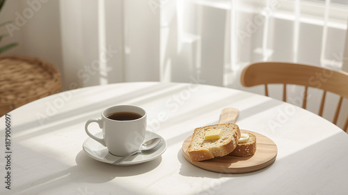 Breakfast in bed with a hot cup of coffee and cookies on a white plate