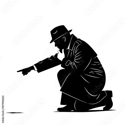 Silhouette of a man in a trench coat pointing at something.
