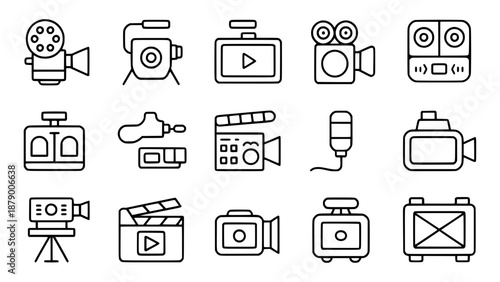 Collection of outline icons for filmmaking and video production: vintage camera, camcorder, clapperboard, microphone, and recorder
