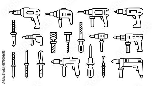 Collection of black outline vector icons featuring cordless drills, screwdrivers, and drill bits, set against a white background, simple flat design.