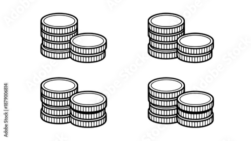 Four stacked coin icons with outlines on a white background, representing financial growth, savings, or currency exchange, presented in a clean vector illustration style.