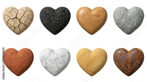 Heart shape set including cracked clay, lava rock, wood, stone, marble, sand, and rusted metal variants isolated. Conceptual materials and textures collection.