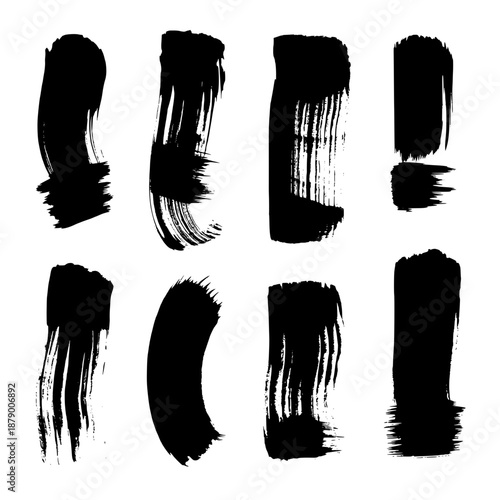 Collection of eight bold black abstract brush stroke shapes and lines with textured edges, isolated on a white background for graphic design