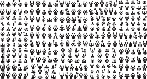Collection of various people celebrating with raised hands and excited expressions in black silhouettes on white background
