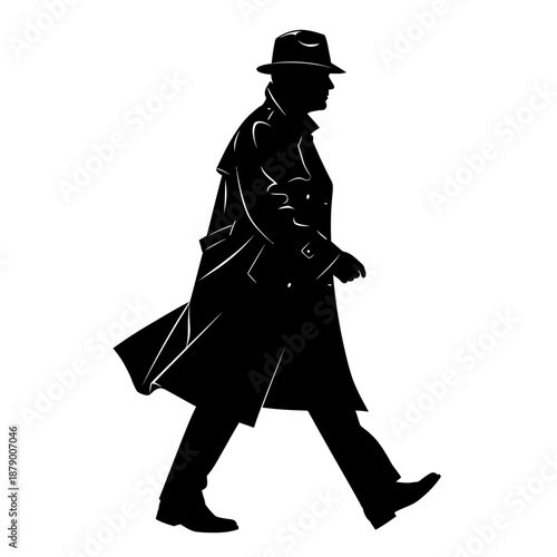 Silhouette of a man walking in a trench coat and fedora hat.