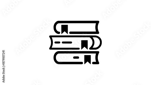 Simple outline icon of three stacked books with ribbons, representing knowledge and learning, isolated on a white background. Flat design vector.