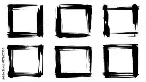 Six hand-drawn black grunge square frames with rough, textured brush strokes arranged in two rows of three, isolated on a white background, versatile graphic elements