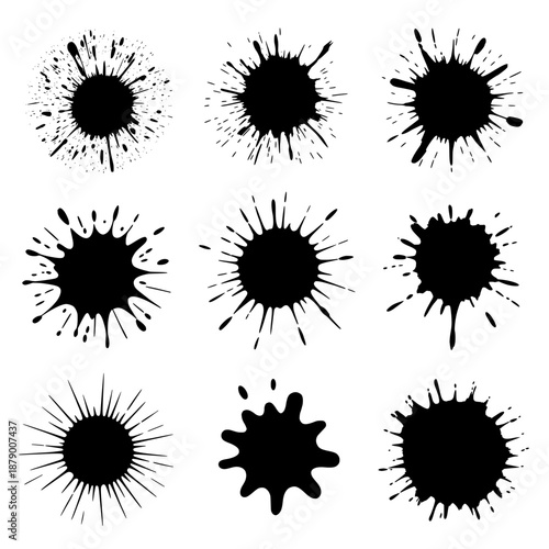 Collection of nine unique black ink splatter and splash graphic elements isolated on white, diverse abstract paint blots and drops for creative design