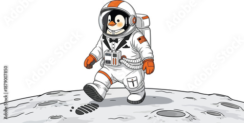 Penguin astronaut walking on moon surface wearing space suit and tuxedo with orange gloves and boots vector illustration