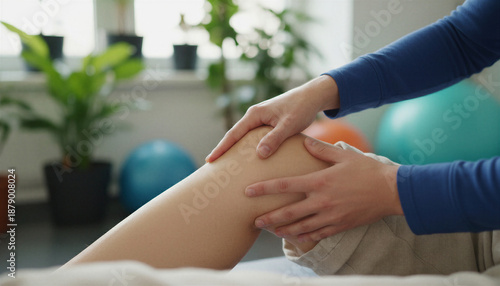 Wallpaper Mural Close-up of hands performing a physical therapy knee massage on an adult patient in a rehabilitation center with exercise balls in background Torontodigital.ca